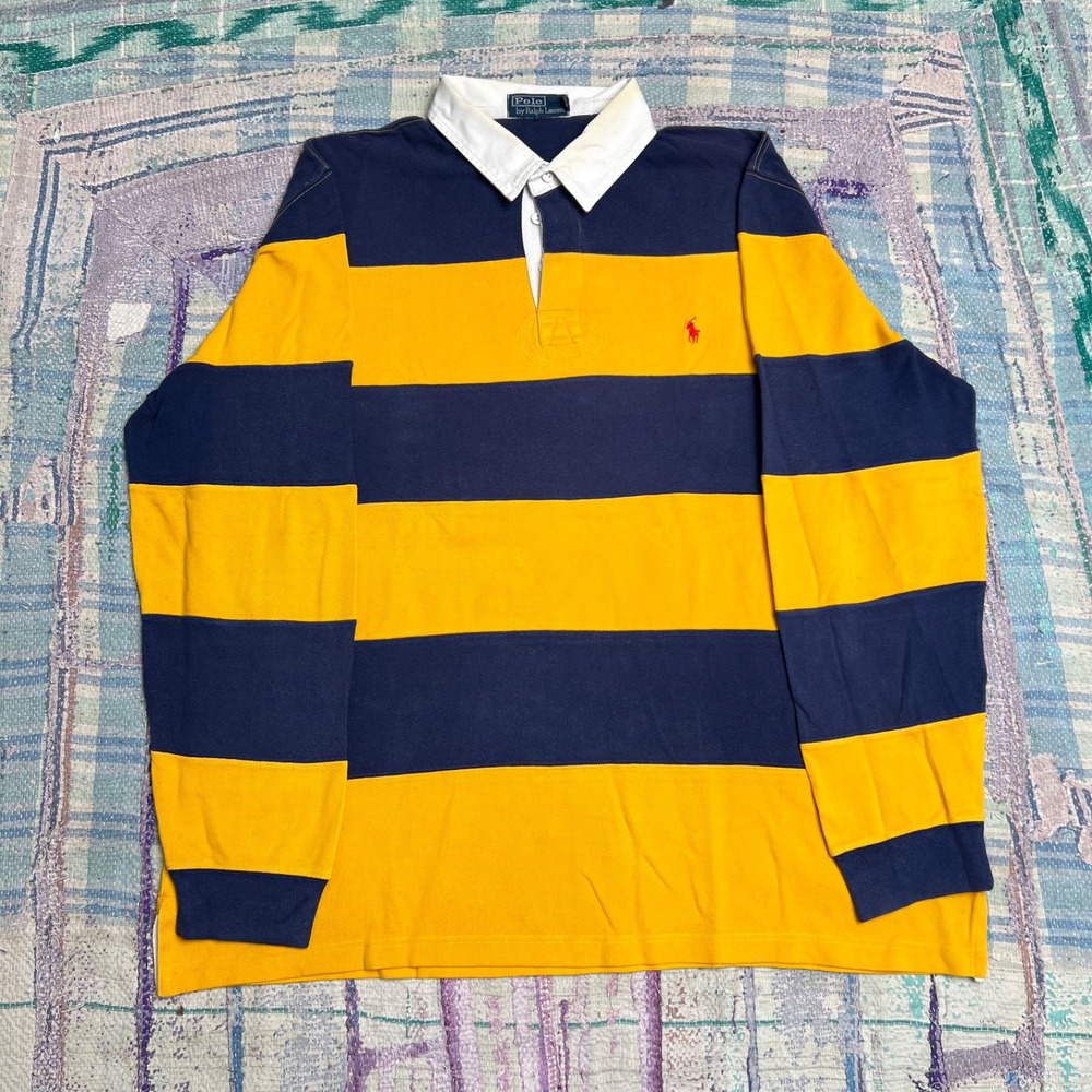 Polo Ralph Lauren Striped Rugby Polo Shirt Long Sleeve Yellow & Navy XL Vintage